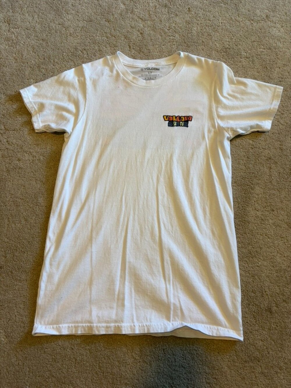 Volcom white graphic tee with colorful back design